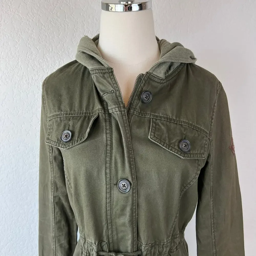 Vintage Y2K Hollister Army Jacket Hooded Bird Logo Utility Medium Bella Swan - Picture 14 of 15